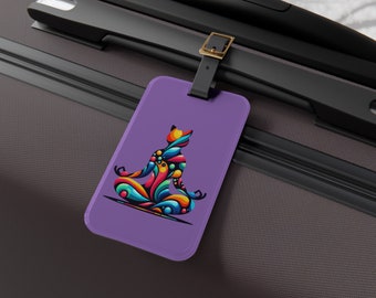 Purple Cat Meditation Acrylic Luggage Tag with Leather Strap - Lightweight Travel Accessory