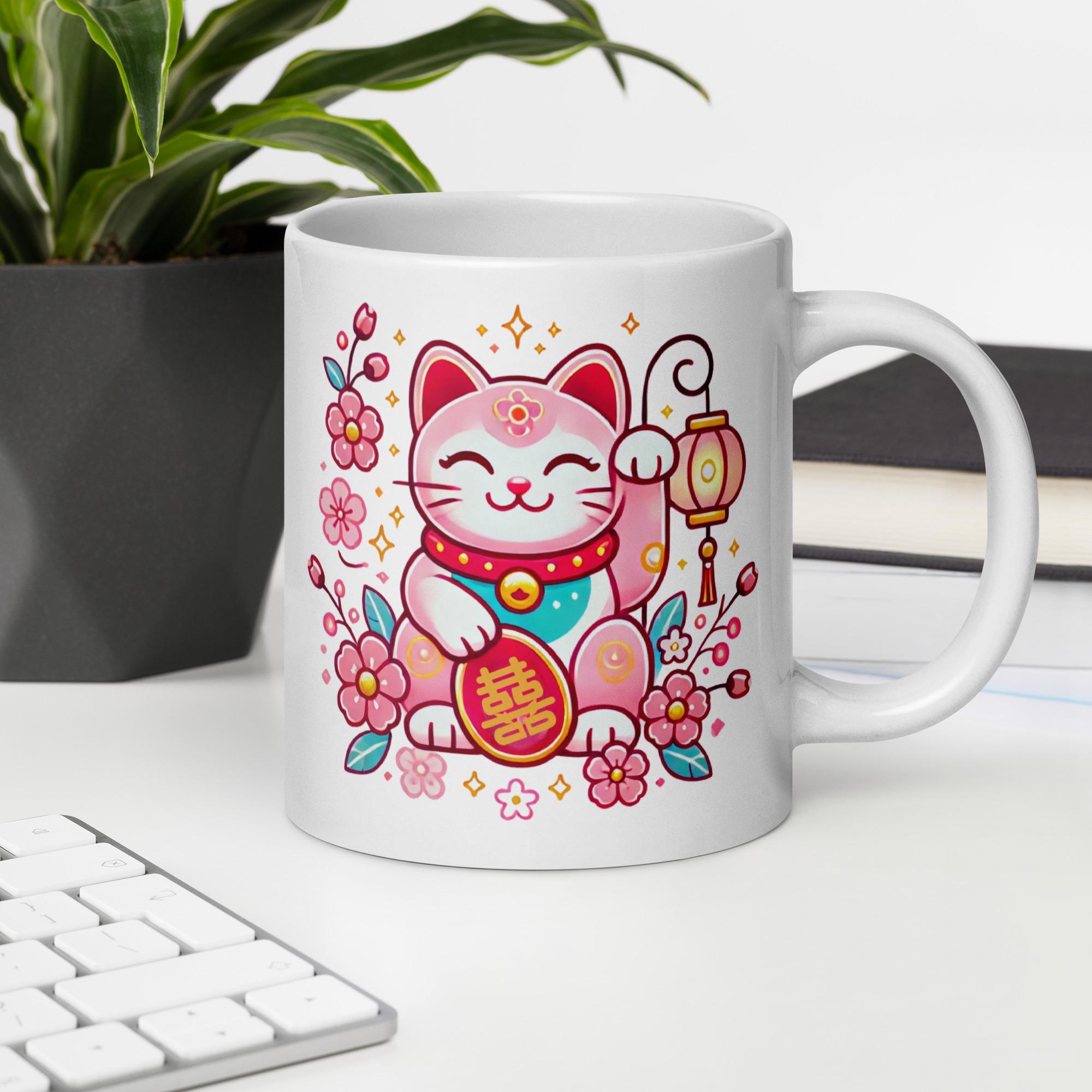 Pink Lucky Cat Coffee Mug: Floral Maneki Neko Gift - Etsy