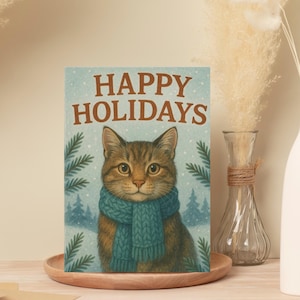 Cat Christmas Cards Pack of 10 – Happy Holidays Winter Kitty Greeting Notecards with Envelopes