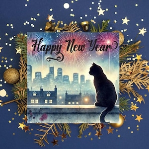 Bonne année - feux d'artifice de la ville - amoureux des chats - lot de 10 - cartes de voeux vierges