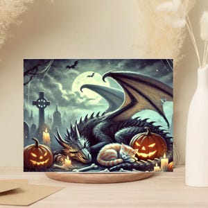 Lot de 10 cartes de voeux d'Halloween vierges - Dragon endormi, citrouilles effrayantes et art gothique fantastique, cartes d'Halloween pliables 5 x 7