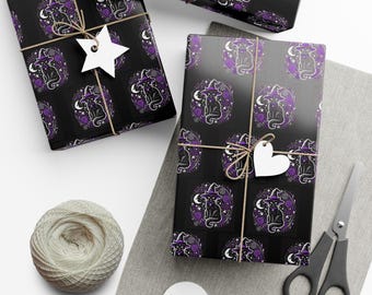 Cadeaupapier Halloween kat heks paars en zwart