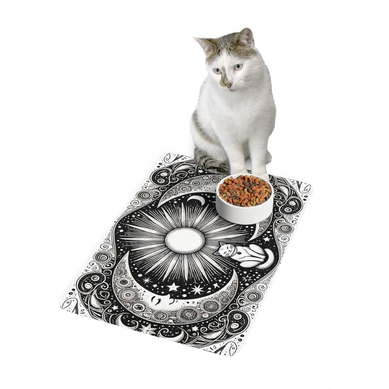 Pet Food Mat, Sun and Moon Cat Placemat, Cat Feeding Mat, Non-Slip Cat Food Tray, Waterproof Pet Mat, 12x18 Cat Mat