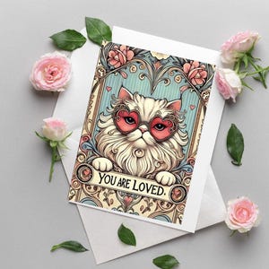 Paquet de 10 - Cartes de voeux You Are Loved - Chat fantaisiste avec des lunettes en forme de coeur - pour la Saint-Valentin et des mots d'amour au quotidien, cartes d'anniversaire