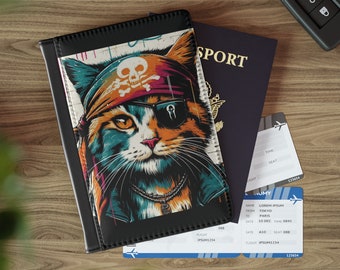 Travel in Style with Graffiti Pirate Cat Passport Holder - Gift for Travelers