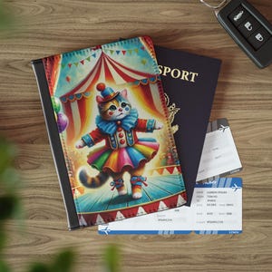 Funda para pasaporte con diseño de gato payaso de circo, billetera de viaje, regalo de viaje, amante de los payasos, amante de los gatos, accesorio de viaje