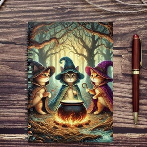 Könnte beinhalten: Ein Spiralnotizbuch mit einer Illustration von drei orangefarbenen Katzen in Hexenkostümen, die sich um einen brodelnden Kessel in einem Wald versammelt haben. Ein dunkelbrauner Stift liegt auf einer Holzoberfläche.