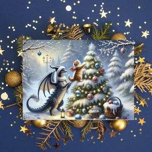 Cartes de décoration d'arbre de Noël avec dragon et chat - Lot de 10 cartes de voeux vierges - Carte de Noël pour les amateurs de fantaisie - Enveloppes incluses