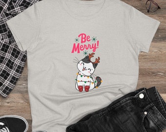 Be Merry Holiday Cat - Women's Midweight Cotton Tee - Multiple Colors