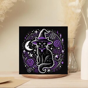 Paquet de 10 cartes de voeux chat noir sorcière - intérieur vierge - papeterie écologique personnalisée, cartes d'Halloween, cartes sorcière, chat noir