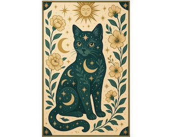 May include: A black cat with a celestial design, featuring moons, stars, and leaves, against a cream background with gold accents. The cat is surrounded by floral elements.