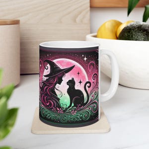 Witch Black Cat Coffee Mug, Black Cat Graphic Coffee Cup, Witch Tea Mug, Cat Lover Gift, Magic Gift, Pink and Green Witch Mug