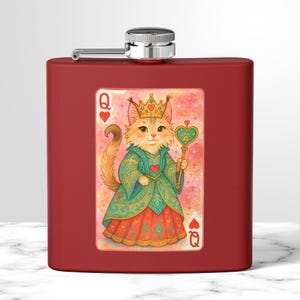 Garrafa para cartas de baralho Rainha de Copas, aço inoxidável, 6 oz, presente para amantes de gatos, festas, festivais e celebrações, Rainha de Copas