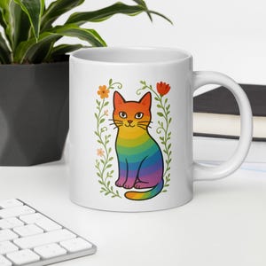 Rainbow Cat Garden Mug – Cat Lover Gift, Colorful Kitty Coffee Cup with Flowers, Cute Rainbow Animal Art