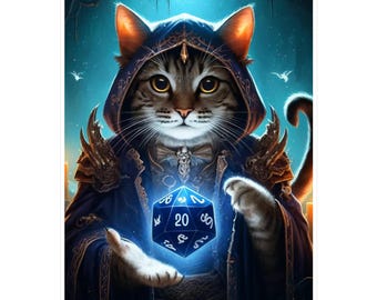 Naklejka winylowa „Mistyczny kot” D20: Wystrój pokoju gier fantasy