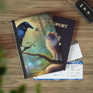 Funda para pasaporte - Gato y cuervo del bosque encantado - Cartera de viaje de piel sintética con ranuras para tarjetas, bloqueador RFID, billetera con cuervo, regalo para amantes de los gatos