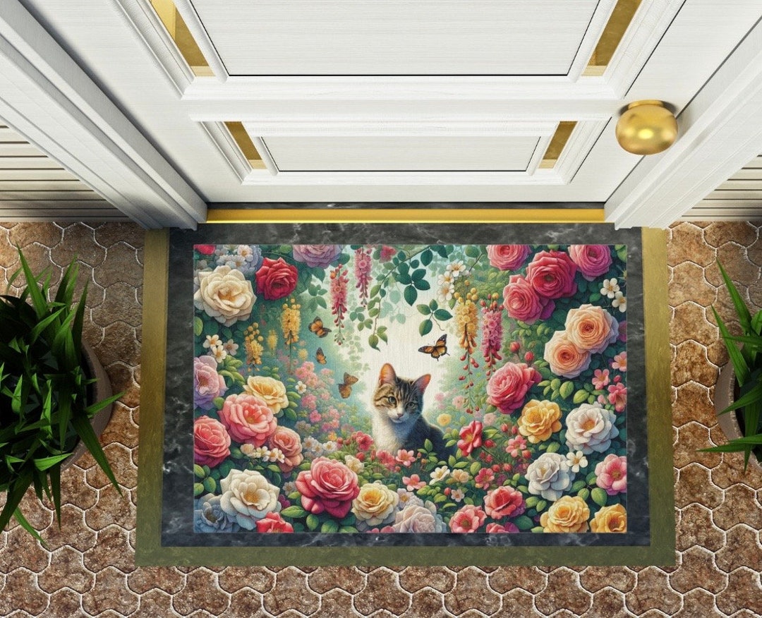 June Birth Flower Rug Roses and Honeysuckles Cat Lover Indoor/outdoor ...