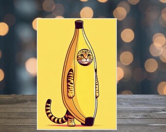 May include: A yellow banana with a cat's head peeking out of the top. The cat is wearing a banana costume and has a striped tail.