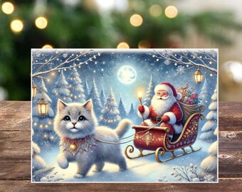 Cat Magic Sleigh - Pack of 10 Blank Holiday Greeting Cards 5x7
