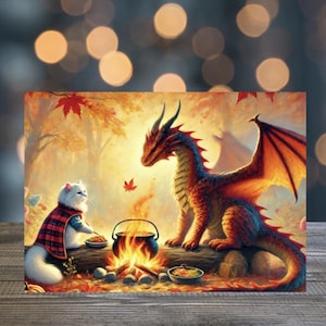 Lot de 10 cartes de voeux de l'amitié avec un chat et un dragon pour un feu de camp - « Voici les amis qui apportent de la magie » - 5 x 7 cartes avec enveloppes