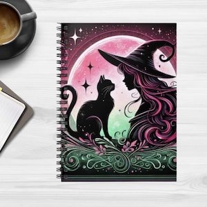 May include: A black cat and a witch with pink hair are silhouetted against a pink and purple moon. The witch is wearing a black hat and the cat is looking up at her. The background is a dark green and black swirl pattern.