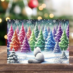 10 Pack Rainbow Forest Cat Greeting Cards Blank Inside Folded Holiday Cards With Envelopes Winter Wonderland Colorful Trees Christmas