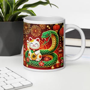 Year of the Snake Lucky Cat Mug - Lunar New Year Ceramic Coffee Cup, 3 Size Options, Red & Gold Design, New Year Gift