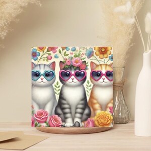 Lot de 10 cartes de voeux vierges Best friends cats with heart lunettes de soleil - Lot de 10, 5 x 5 avec enveloppes, Je pense à vous