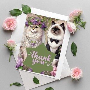 Lot de 10 - cartes de remerciement élégantes pour mariée chat - design floral vintage - cartes de remerciement pour mariage amoureux des chats, cartes de remerciement pour shower de mariage