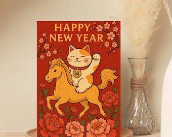 Lunar New Year Greeting Cards: Lucky Cat & Horse Design (Pack of 10)