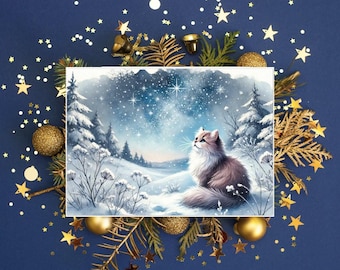 Winter Cat Christmas Cards: 10 Pack Holiday Stationery Set