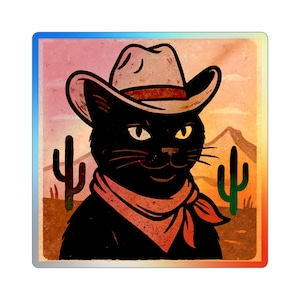 Cowboy Cat Holographic Stickers, Cat Lover Gift, Western Die-cut Sticker, Black Cat, Cute Laptop Decal, Scrapbooking Sticker Pack