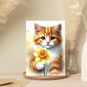 Pacote com 10 cartões de felicitações de primavera para amantes de gatos - Gato laranja e narciso - Cartões de primavera para qualquer ocasião, em branco por dentro