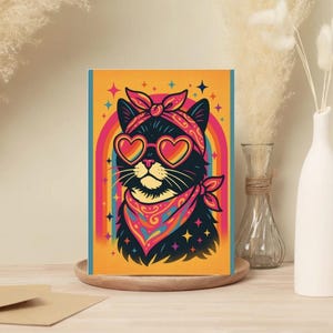 Paquet de 10 - cartes vintage chat arc-en-ciel - Paquet de 10 cartes de voeux vierges avec détails décoratifs - Papeterie Kitty rétro