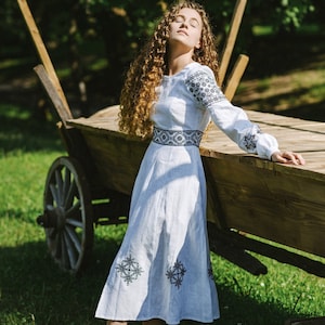 Ukrainian white linen dress with black embroidery, Simple wedding dress, Bridesmaids dress, Slavic dress