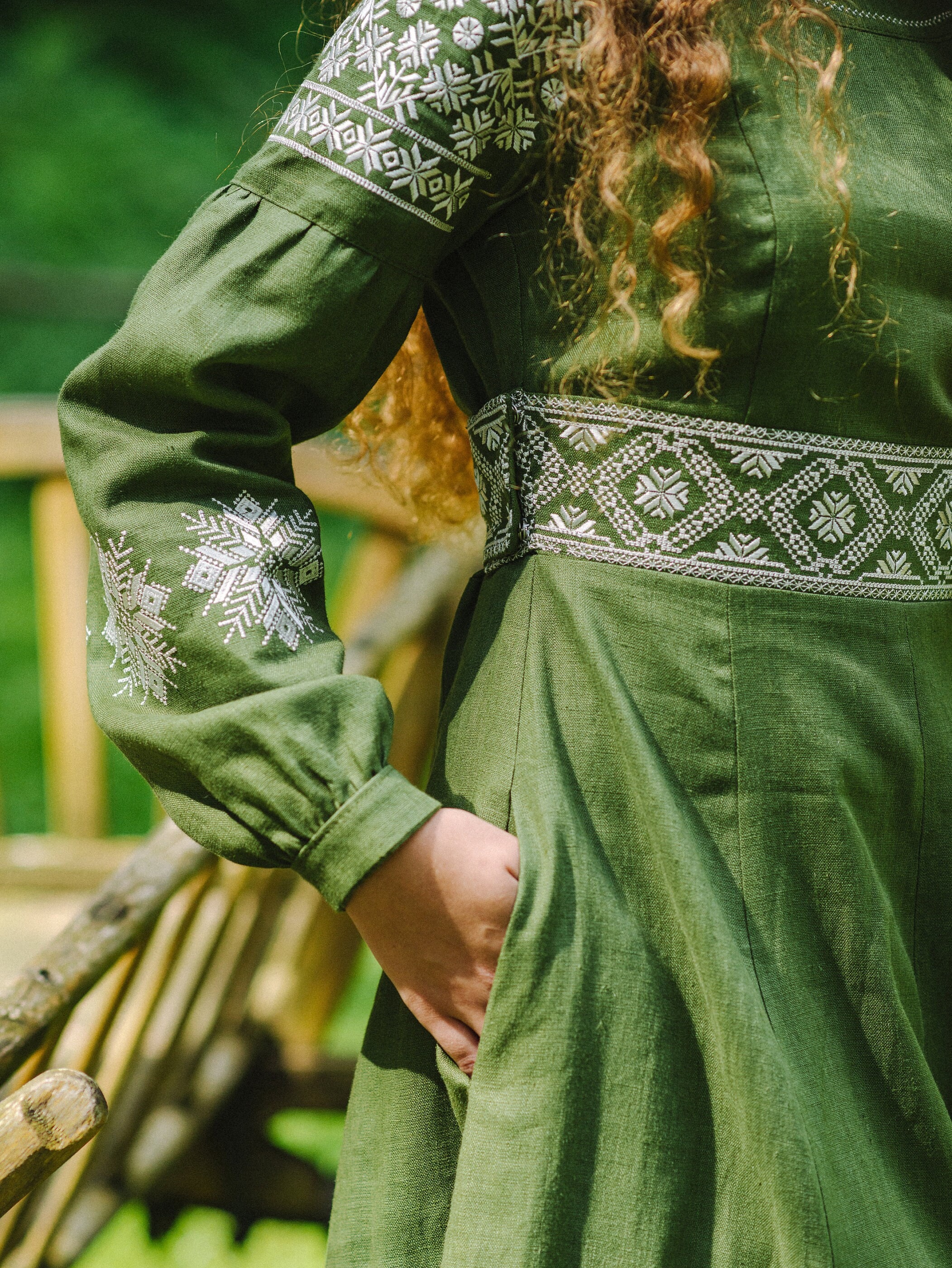 🌿 Ukrainian Embroidered Dress | White Vyshyvanka Dress with Red & Green Ornament | Traditional Linen Dress