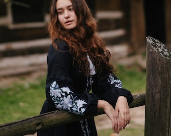 Black linen dress with white embroidery, Ukrainian dress with belt, Linen floral dress loose fit