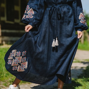 Navy colorful linen dress, embroidered linen dress boho maxi with Pockets, linen dress with colored Embroidery  with Belt, Vyshyvanka dress