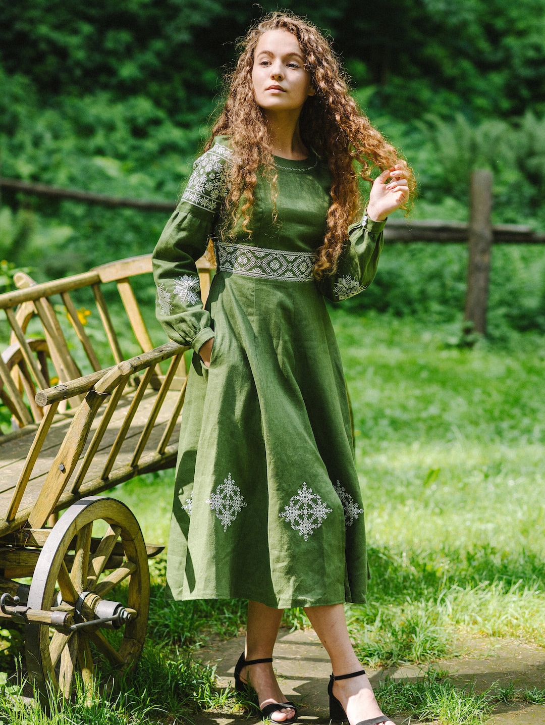 Embroidered Linen Vyshyvanka Dress, Olive Green Ethnic Ukrainian Dress ...