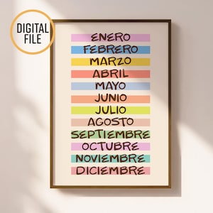 Months of the Year (SPANISH), Digital Printable Poster, educational art, multi-colored neutral bg wall art, unique typography art, series.