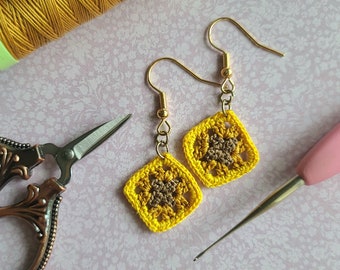 Mini Granny Square Earrings, micro crochet earrings, motif crochet earrings, yellow