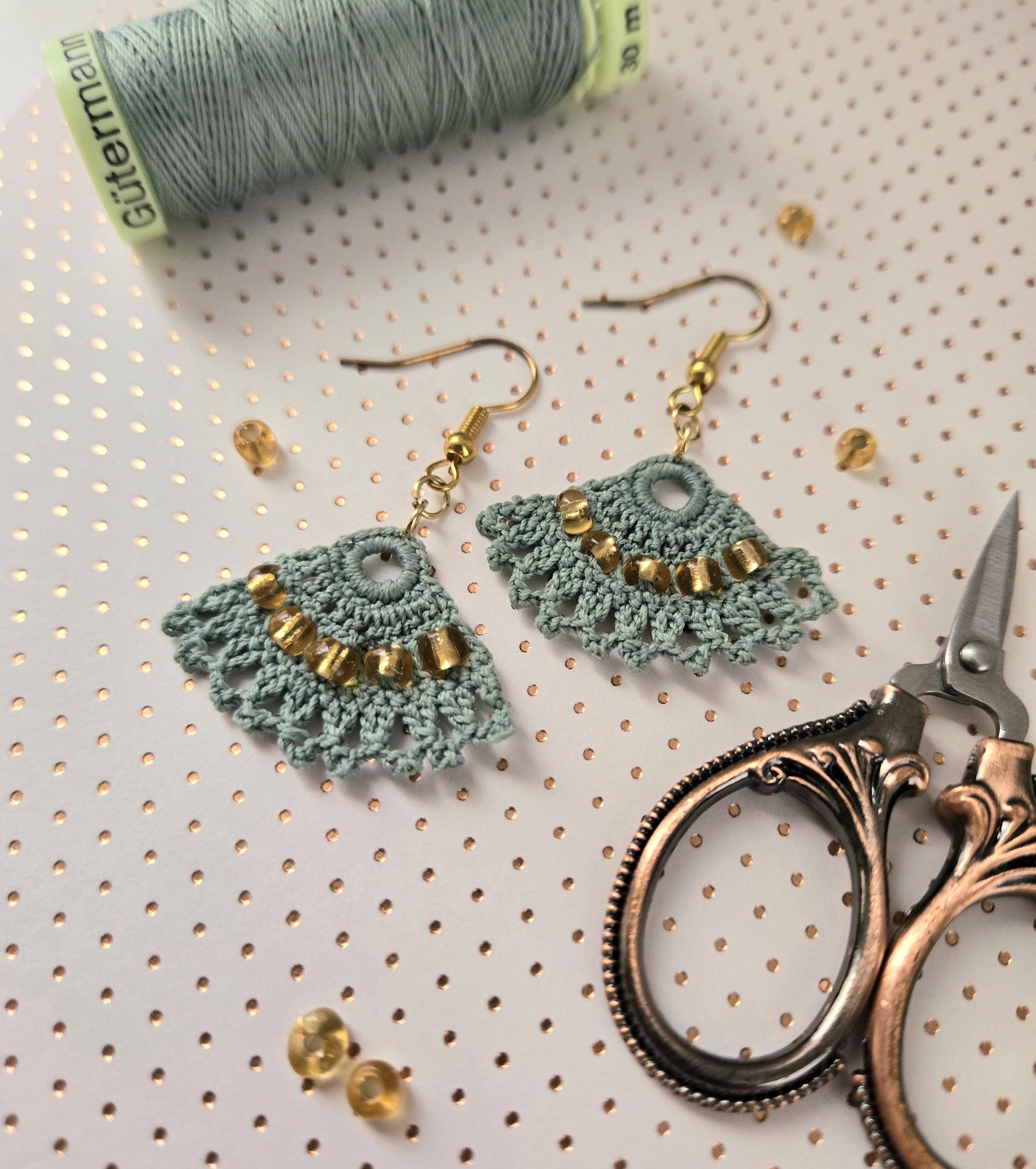 Crochet Beaded Fan Earrings Gold Beaded Earrings Green Crocheted