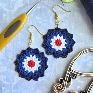Patriotic Mandala Earrings, red, white, and blue micro crochet handmade earrings, lightweight, gold earwires, crocheted with Thread