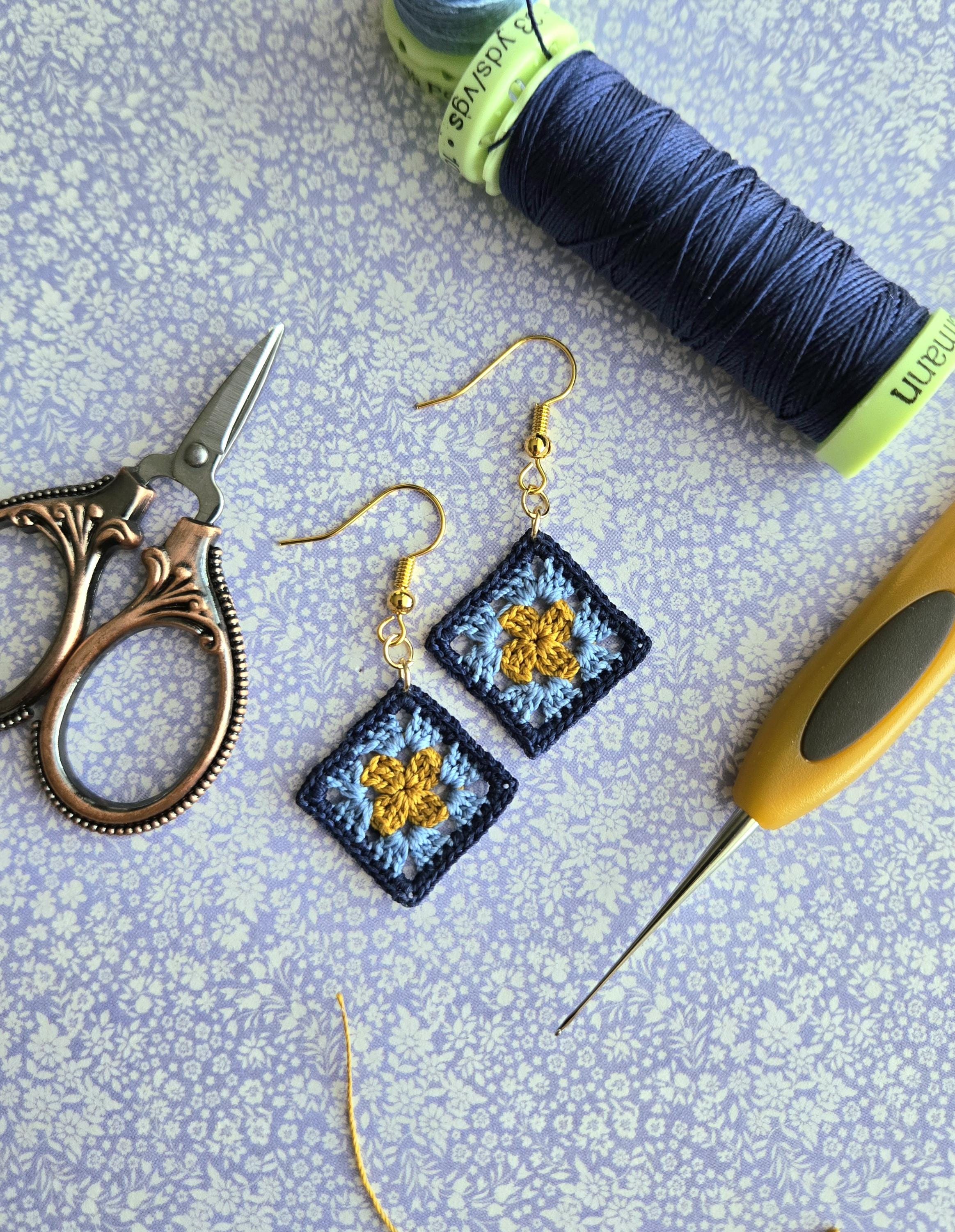 Mini Granny Square Earrings, micro crochet earrings, motif crochet earrings, blue jewelry