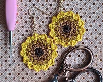 Mandala Sunflower crochet earrings, handmade earrings, crochet earrings