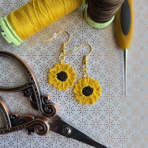 Sunflower Crochet Earrings, Dainty Handmade Earrings, Micro crochet sunflower earrings