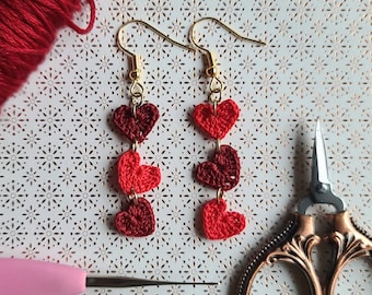 Heart Earrings, Valentines Gift for Her, Valentines Day Earrings, Crochet Heart Earrings, Dangle Mini Hearts