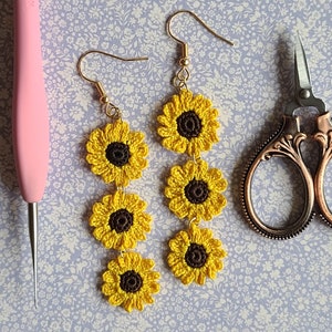 Sunflower Dangle Earrings, mini crochet sunflowers, micro crochet earrings, Dainty sunflowers