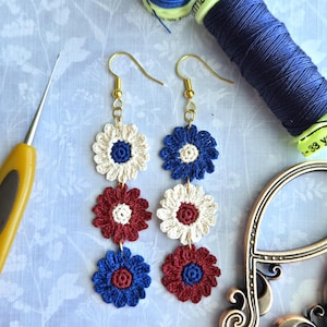 Patriotic Flower Dangle Earrings, Red, White, and Blue Earrings, mini crochet flower, micro crochet earrings, Dainty American daisies, July