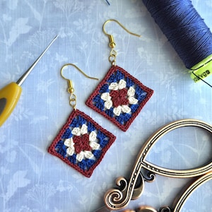Patriotic Granny Square Earrings, 4th of July earrings, micro crochet earrings, red, white, and blue jewelry,